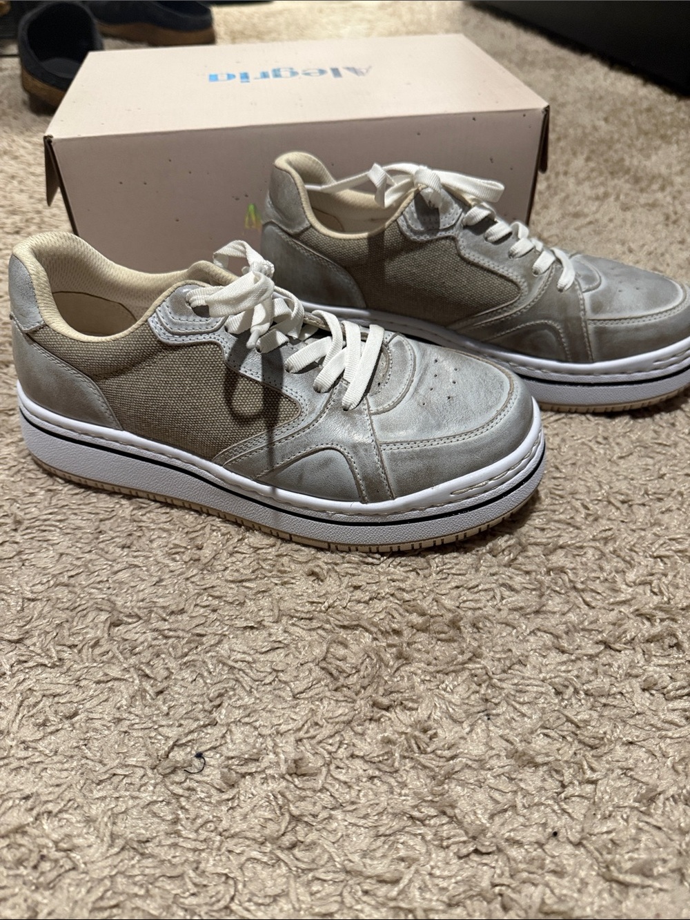 Alegria Neutral Leather & Suede Sneakers in Ivory and Light Gray